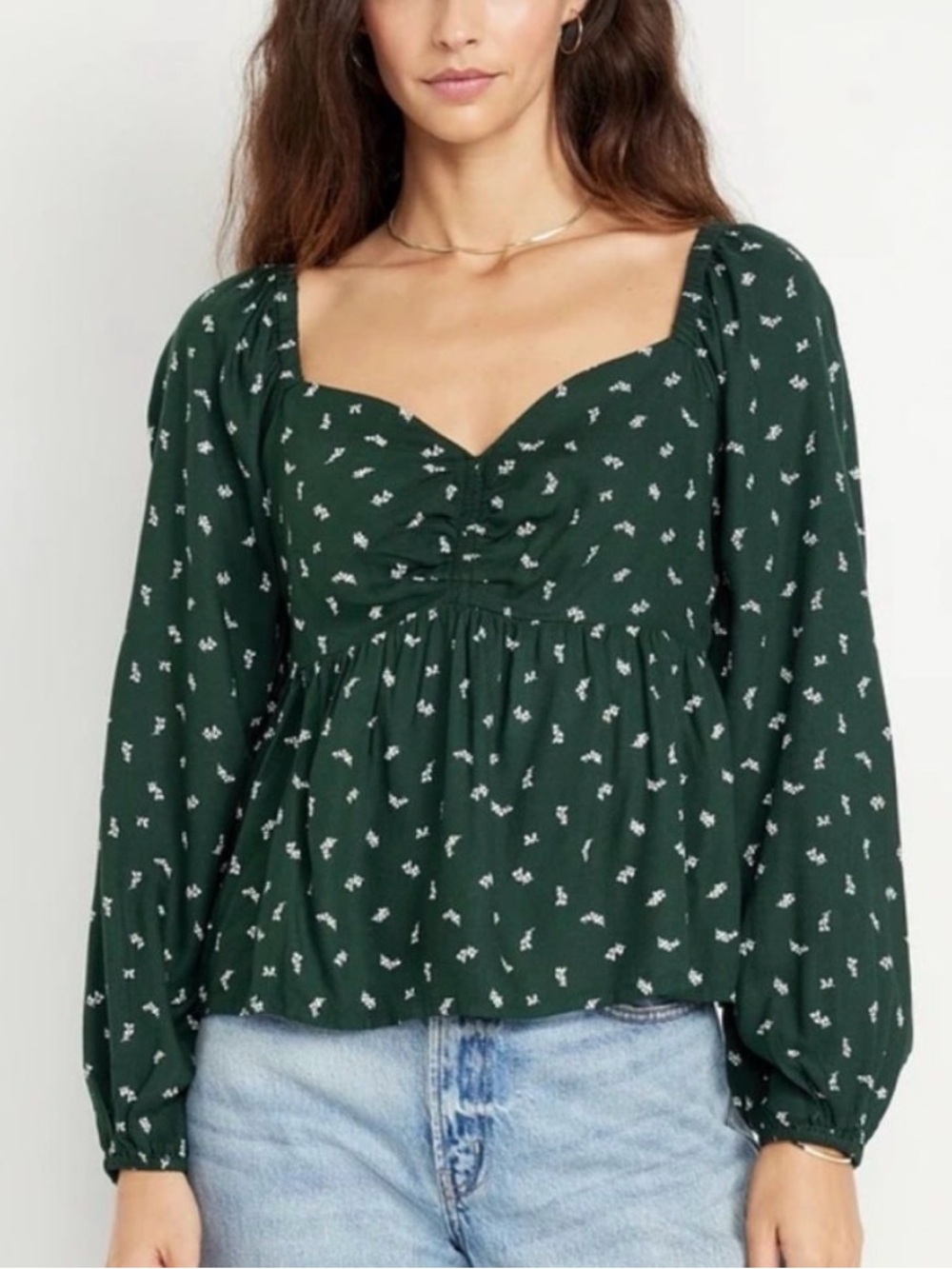 Old Navy Shirred Crepe Top - Dark Green Floral Peplum Long-Sleeve Top